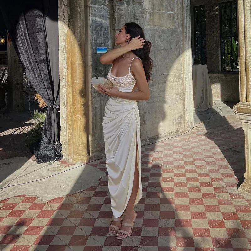 Sexy Lace Patchwork Satin Strap Dress Chic Pleated High Slit Bodycon Long Dress    S6867