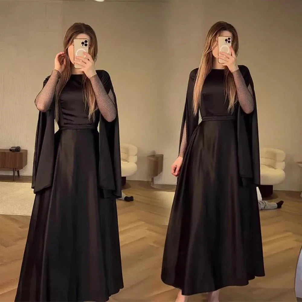 Fashion Elegant Black Long Sleeve Dress A-line Evening Prom Dress      S6758