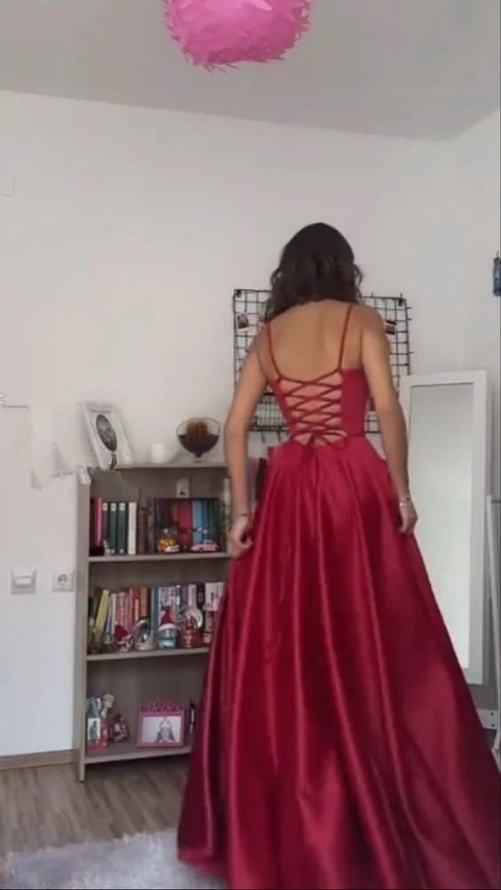 A Line dark red prom party dress with split    S1509