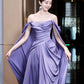 Purple dress long evening gown engagement party off shoulder satin birthday party dress   S6832