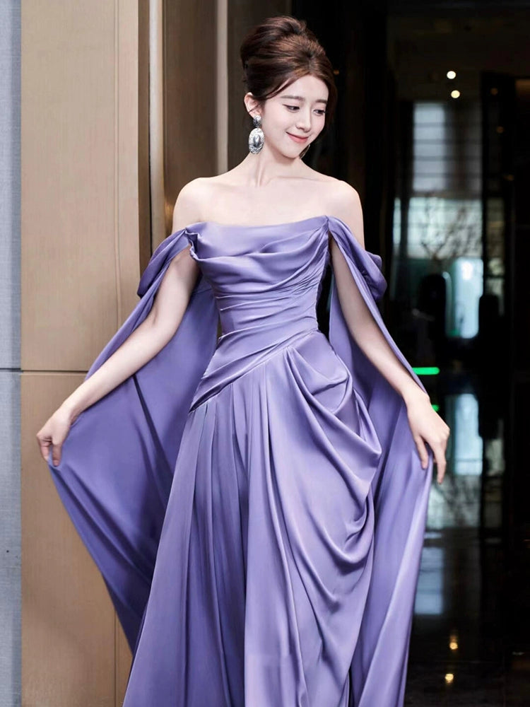 Purple dress long evening gown engagement party off shoulder satin birthday party dress   S6832