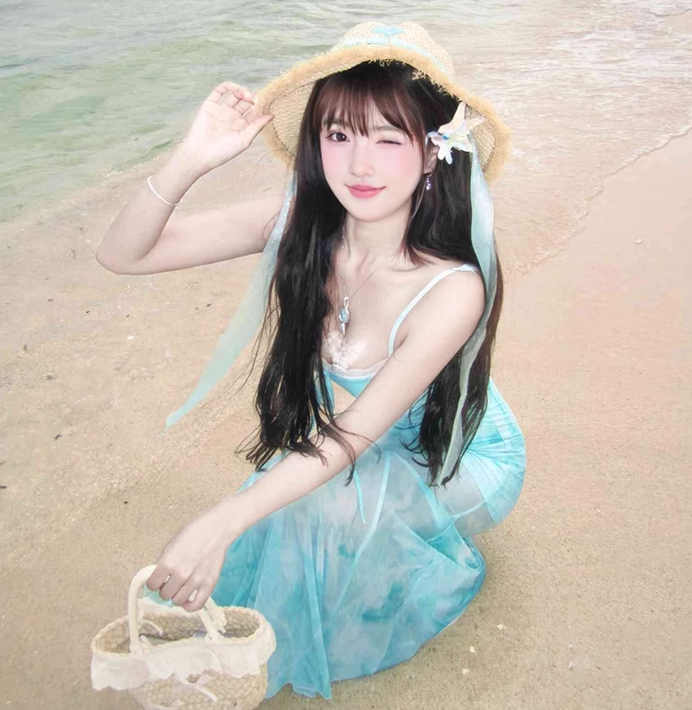 Gentle mint green floral sling dress beautiful waist slim hip skirt R0506