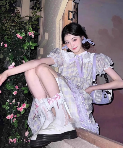 Tea break French first love sweet lolita dress doll collar plaid dress high-grade forest style 2025 R1635
