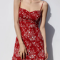 French retro girl red bottom floral dress waist slim ruffled suspender dress R2819