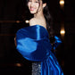 Dark blue satin dress sequins exquisite waist slimming hip sexy short skirt homecoming dress R3702