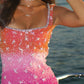 Pink gradient sequined suspenders waist slimming homecoming dress R2836