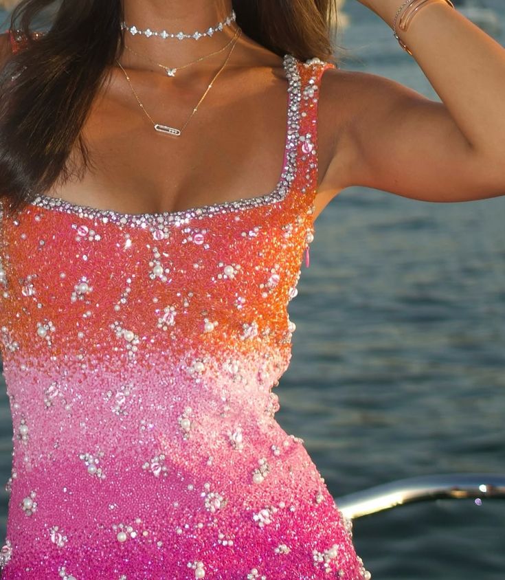 Pink gradient sequined suspenders waist slimming homecoming dress R2836