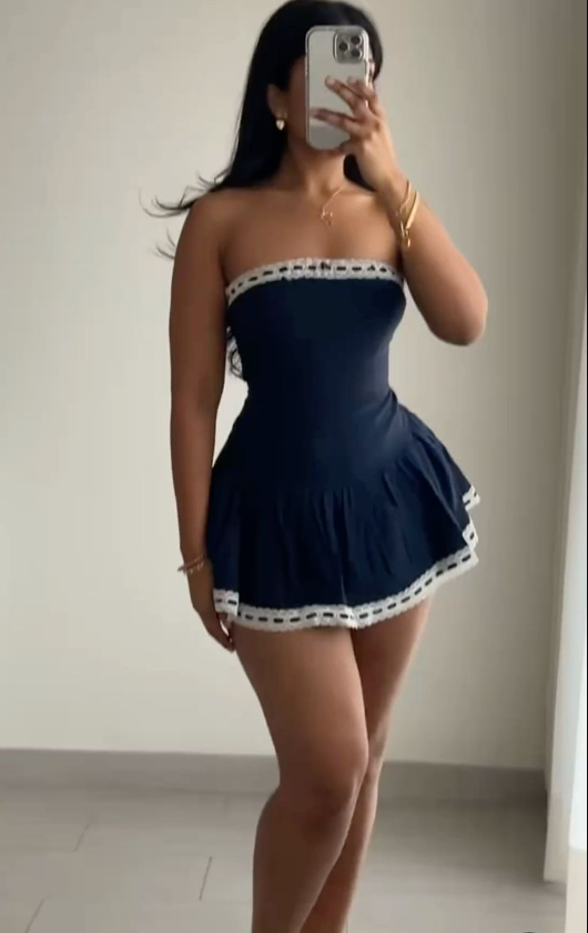 Blue tube top waist A-line short skirt homecoming dress R3155