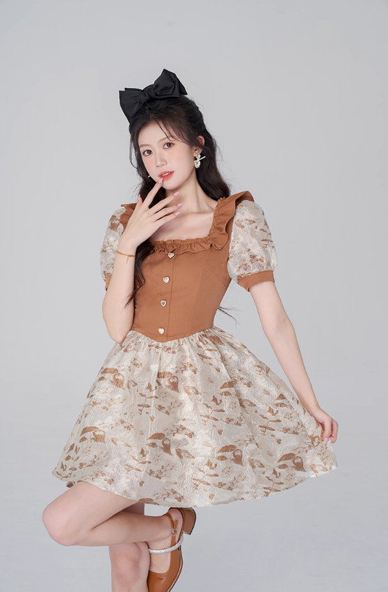 French ruffled square neck jacquard short-sleeved dress summer new high waist lantern sleeve waist short skirt R4180