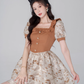 French ruffled square neck jacquard short-sleeved dress summer new high waist lantern sleeve waist short skirt R4180