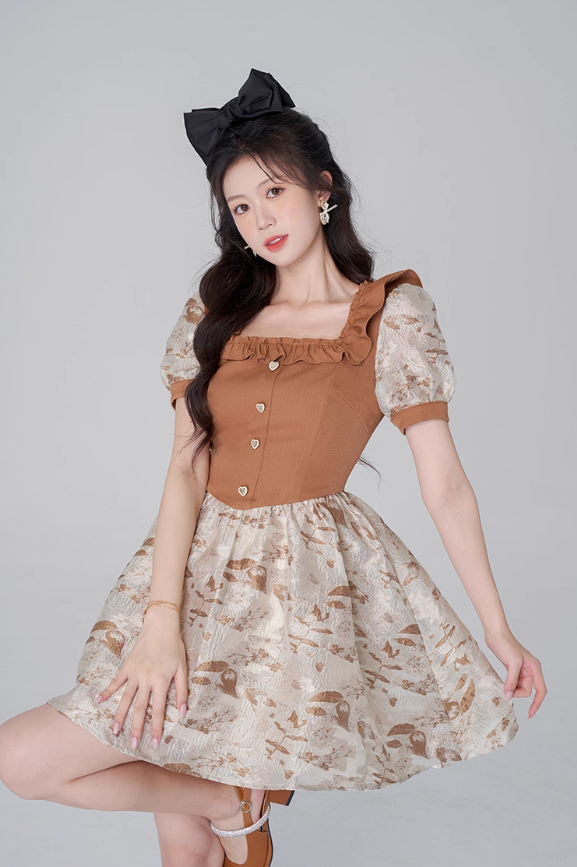 French ruffled square neck jacquard short-sleeved dress summer new high waist lantern sleeve waist short skirt R4180