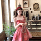 Red printed chiffon suspender dress women's summer French style waist skirt R4580