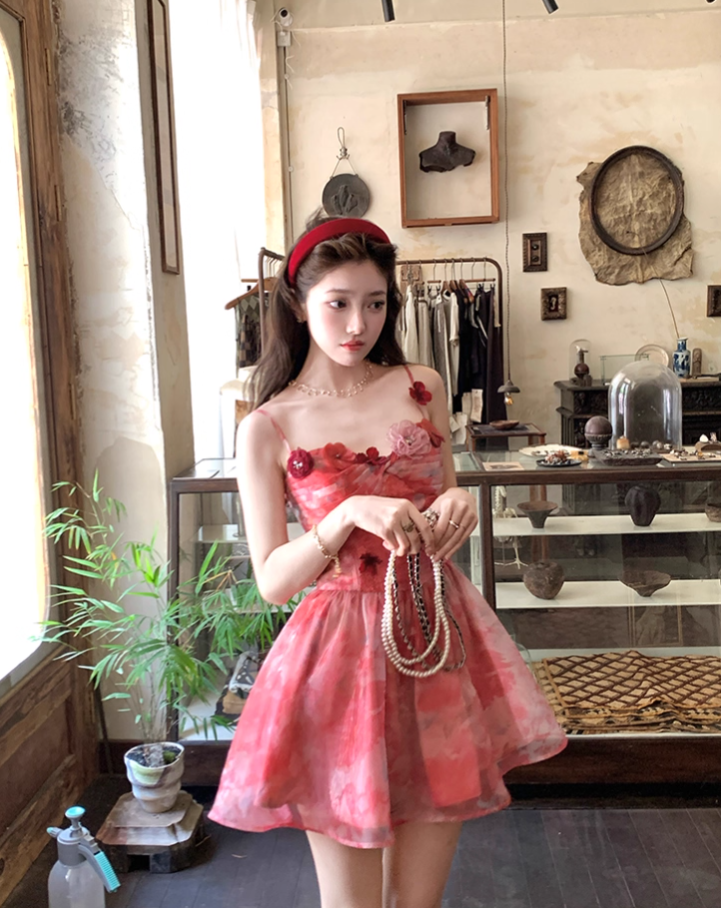 Red printed chiffon suspender dress women's summer French style waist skirt R4580