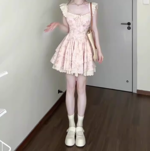 Gentle style pink floral dress beautiful waist A-line tutu skirt R0736