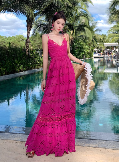 French retro heavy hollow flower embroidery design rose red suspender dress waist lace long skirt R0205