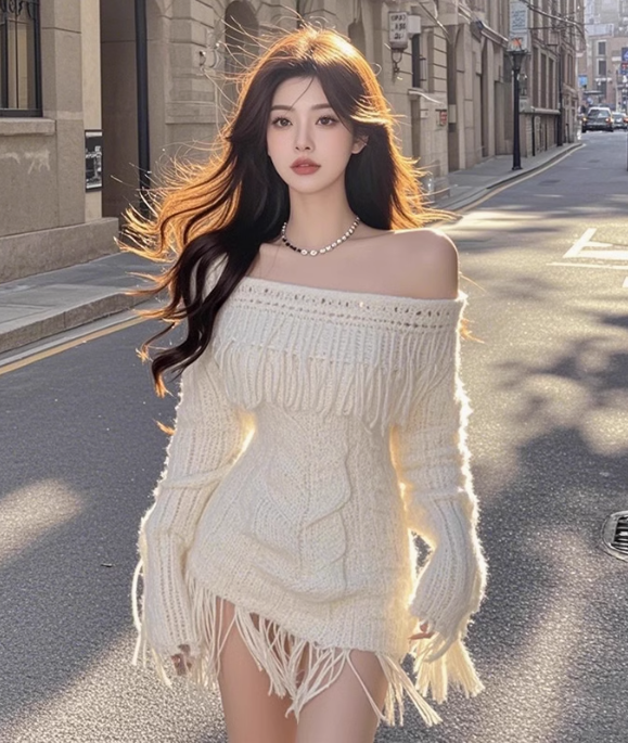 Large size French pure one-shoulder knitted dress temperament tassel short skirt R1861