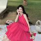 Seaside holiday style rose red white sleeveless dress high-grade layered pleated skirt R1582