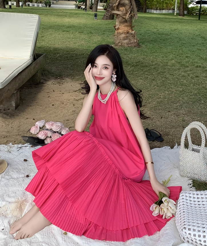 Seaside holiday style rose red white sleeveless dress high-grade layered pleated skirt R1582