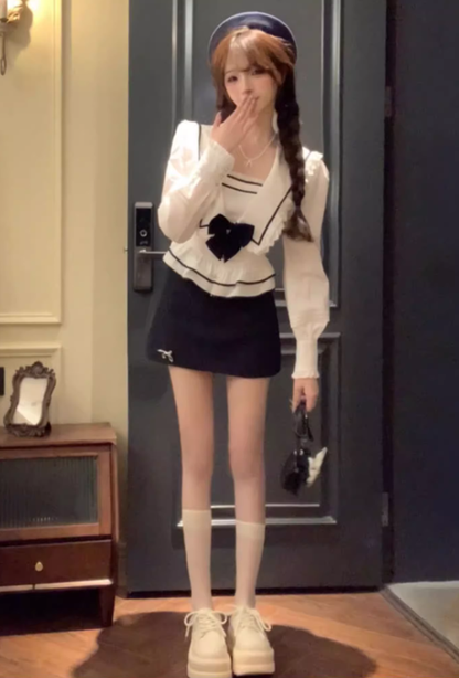 College style contrast color long sleeve waist top 2025 pure desire a-line skirt suit R1356