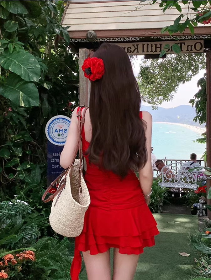 Beautiful red suspender dress sexy seaside holiday irregular short skirt R1477