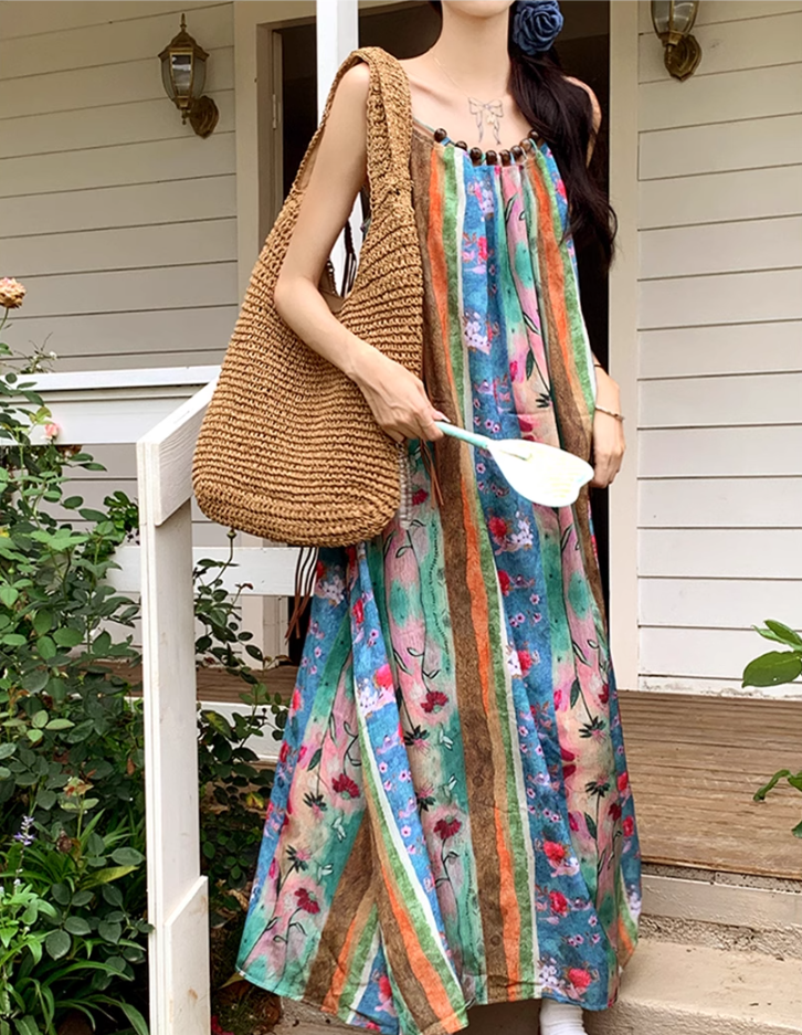 Fairy ethnic style holiday travel wear floral suspender long skirt loose oil painting dress R1750