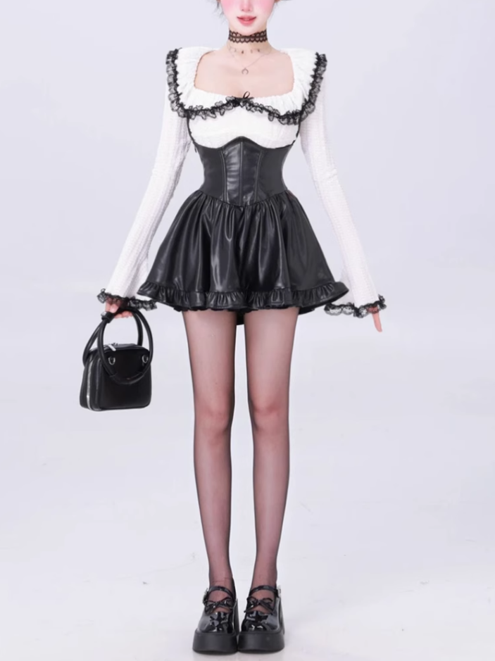 Pure desire style lace splicing contrast color top 2025 halter neck strap leather skirt suit R1236