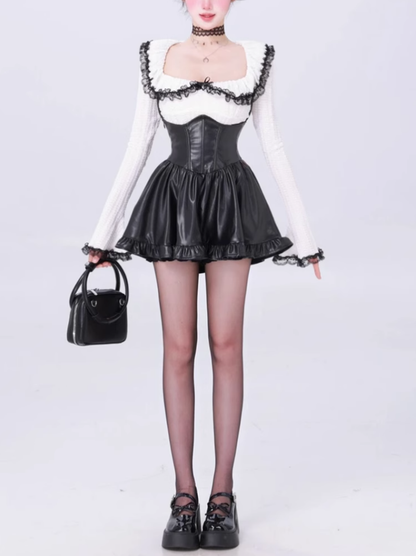 Pure desire style lace splicing contrast color top 2025 halter neck strap leather skirt suit R1236