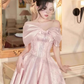 French one-shoulder pink satin banquet birthday party short slim dress dress homecoming dress R2969