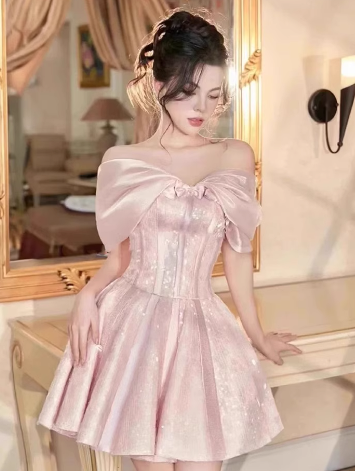 French one-shoulder pink satin banquet birthday party short slim dress dress homecoming dress R2969