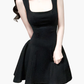 2025 Summer New French Black Dress Square Neck Waist Short Dress R0925
