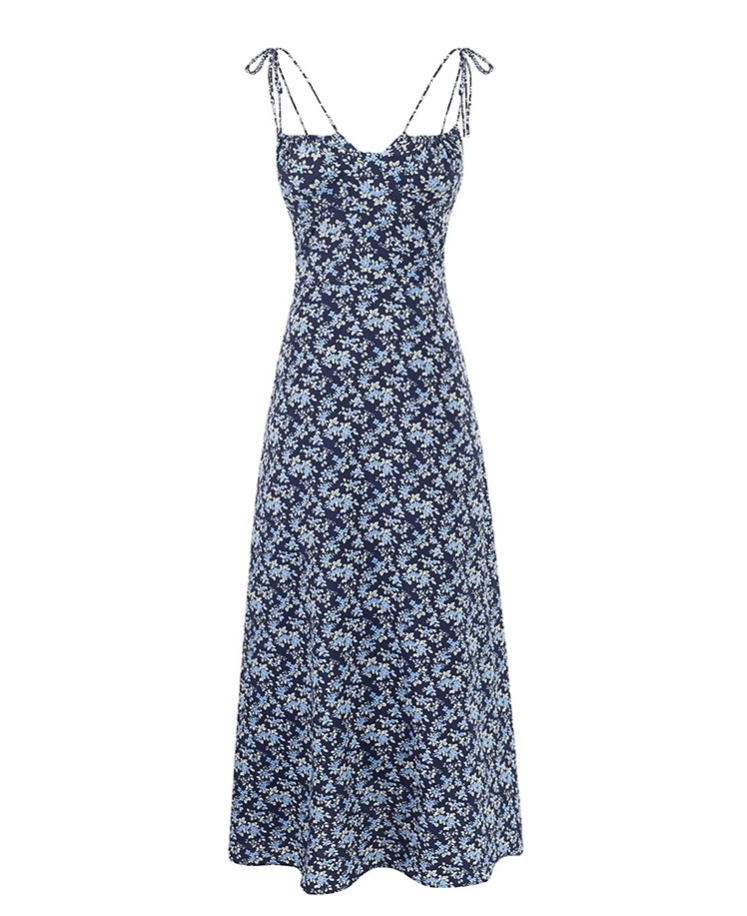 French retro floral suspender dress 2025 new holiday navy blue long dress R2591