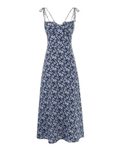 French retro floral suspender dress 2025 new holiday navy blue long dress R2591