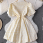 French retro temperament puff sleeve square neck waist slim dress petite short puffy princess dress R0354