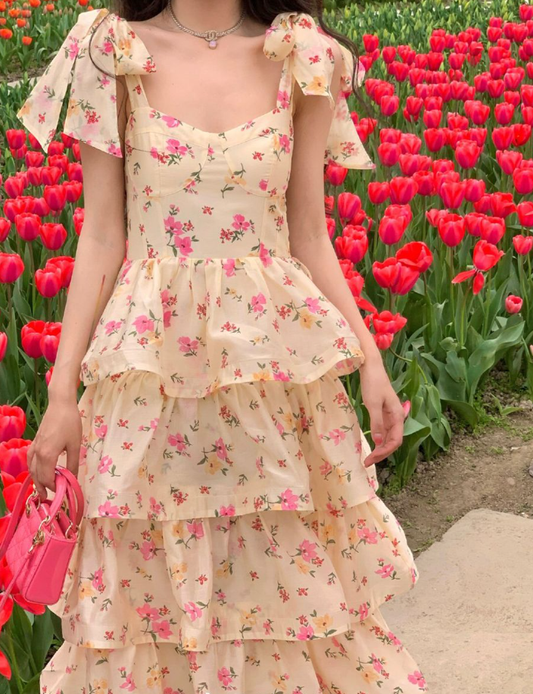 Apricot suspender maxi dress pink floral cute vitality cake maxi dress homecoming dress R4042