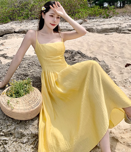 Yellow backless strappy suspender sexy dress seaside holiday long dress waist beach dress R1615
