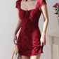 French pure desire style red printed shoulder-length skirt sexy waist slimming dress R2810