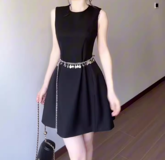 Hepburn style black vest dress gentle temperament waist A-line short skirt women R0845