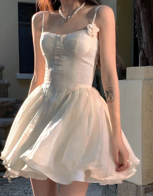 White suspender satin waist A-line cute short skirt homecoming dress R3959