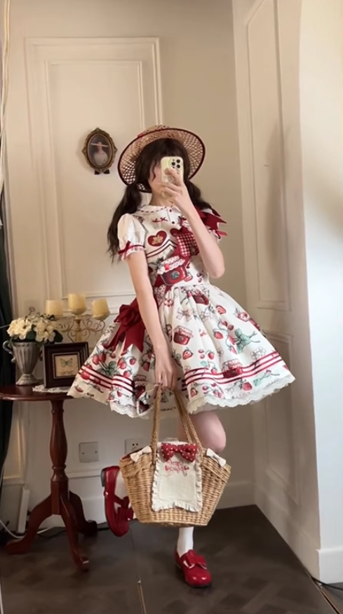 Strawberry Heart Lolita Short Sleeve Dress Cute Lolita Princess Dress Cake Tutu Skirt R1691