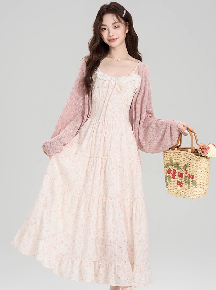 French floral suspender skirt, beautiful and gentle style dress with cardigan two-piece suit R2382