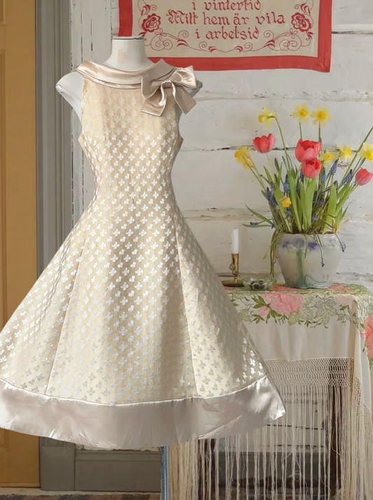 Champagne-colored satin printed vintage-style A-line mini skirt, prom dress R6246