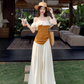 Beautiful summer suit, one-shoulder ruffled ice silk knitted top, wide-leg pants, two-piece suit R1739