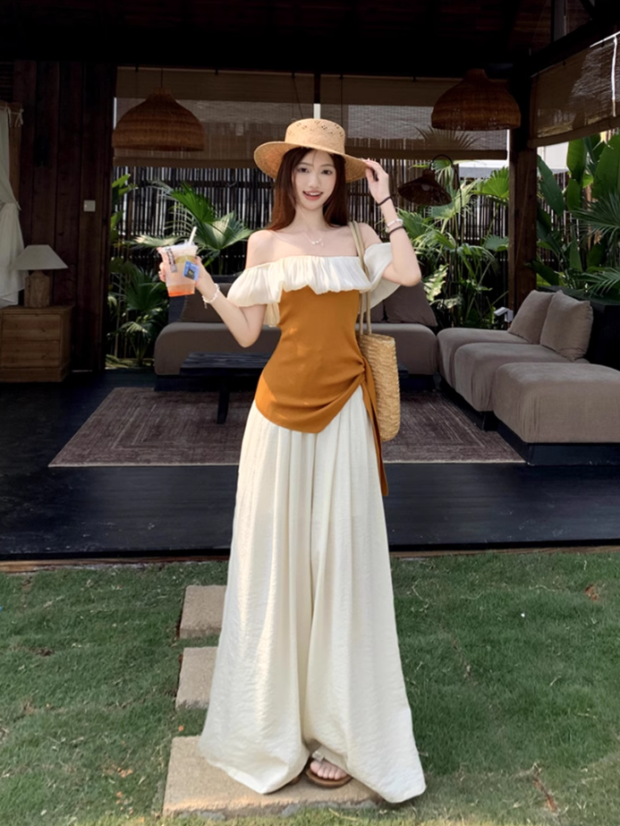 Beautiful summer suit, one-shoulder ruffled ice silk knitted top, wide-leg pants, two-piece suit R1739