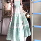 Green fake two-piece floral suspender dress gentle temperament waist A-line long skirt R0692