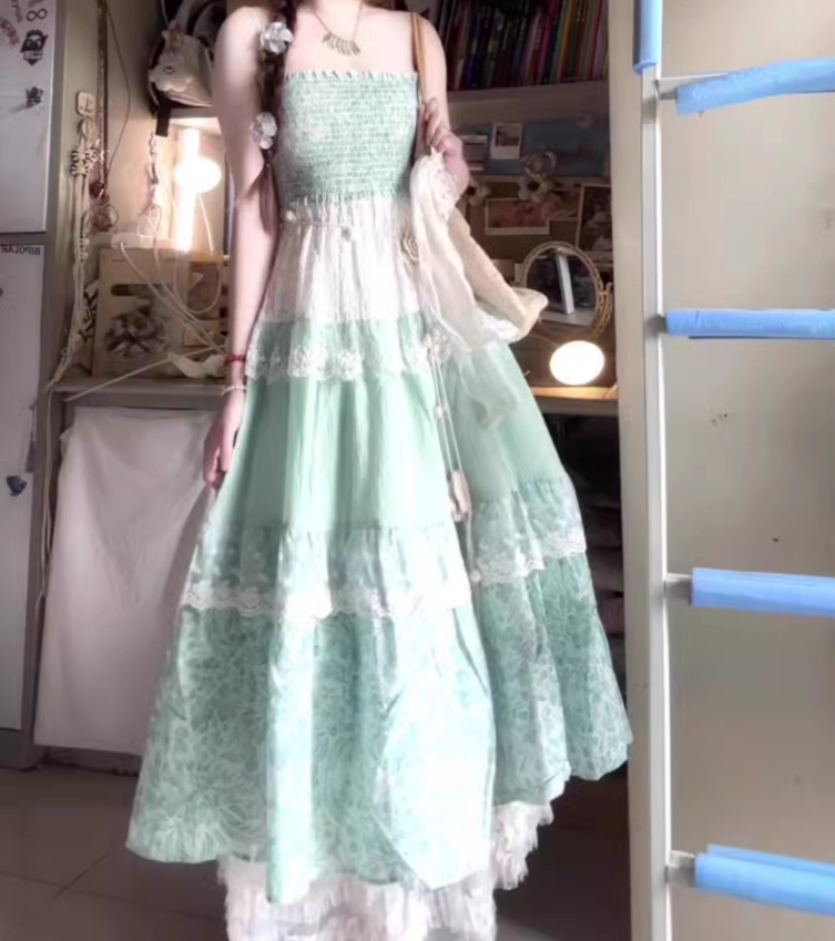 Green fake two-piece floral suspender dress gentle temperament waist A-line long skirt R0692