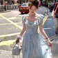 Blue short-sleeved square collar long waist dress summer French retro temperament high waist skirt R4706