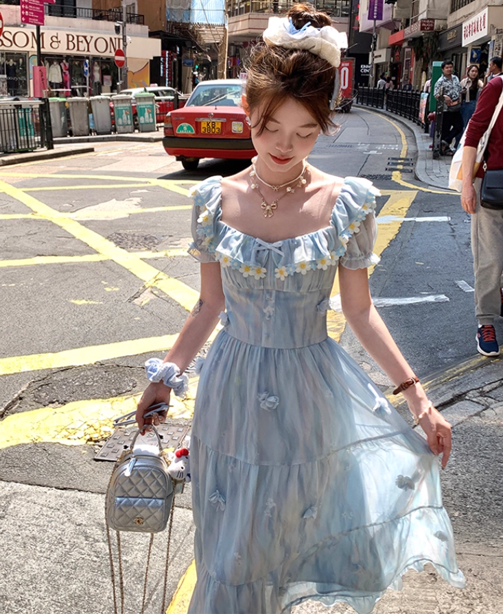 Blue short-sleeved square collar long waist dress summer French retro temperament high waist skirt R4706