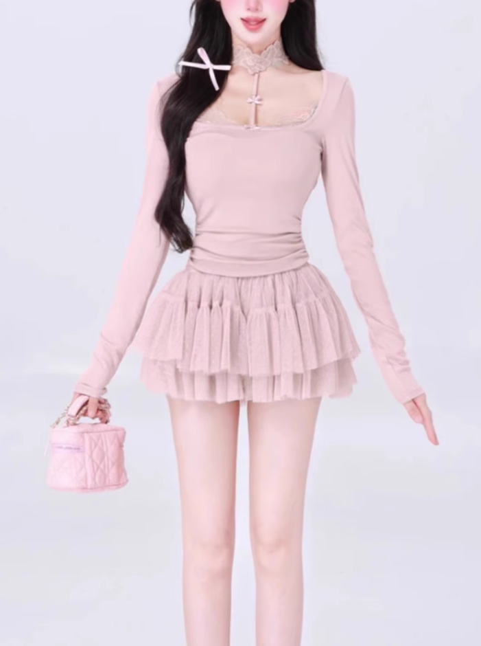 Pure desire style lace halter neck long sleeve short top 2025 sweet and spicy a-line skirt suit R1277