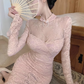 New Chinese style long-sleeved hollow lace dress 2025 step by step lotus hip fishtail skirt R1218