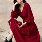 Red dress Hepburn style French retro v-neck petite long-sleeved red dress R1752